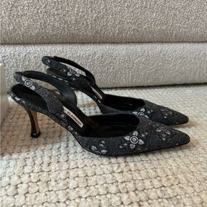 Manolo Blahnik Grey Jacquard Slingback Heel